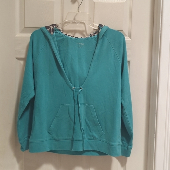 🐢New York & Company Women's Teal Deep V Pullover Hoodie Raglan Sz Med - Picture 1 of 6